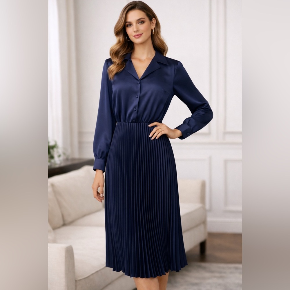 Sandra Darren Midi Dress 10 Blue Long Sleeve Pleat Skirt Career Washable NWT